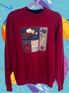 Vtg Valorie’s Folk Art Applique vintage red and blue patchwork school sweater